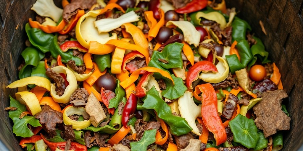 Compost bin filled with vegetables and fruit scraps.