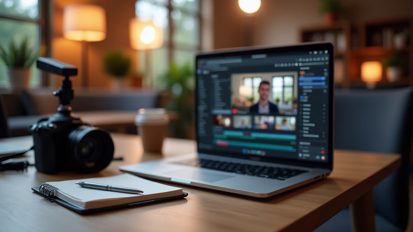 A video editing workspace with laptop and camera.