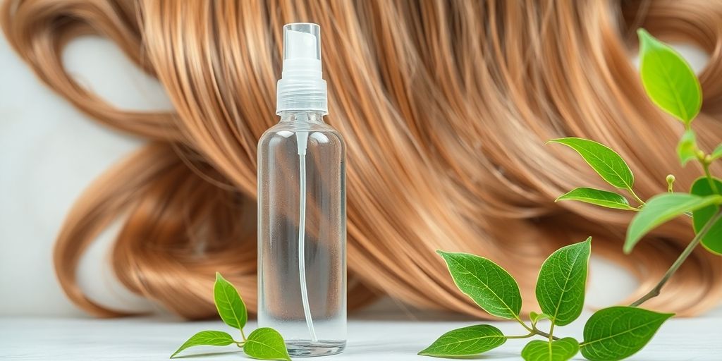 Haarsprayflasche mit natürlichen Zutaten und glänzendem Haar.