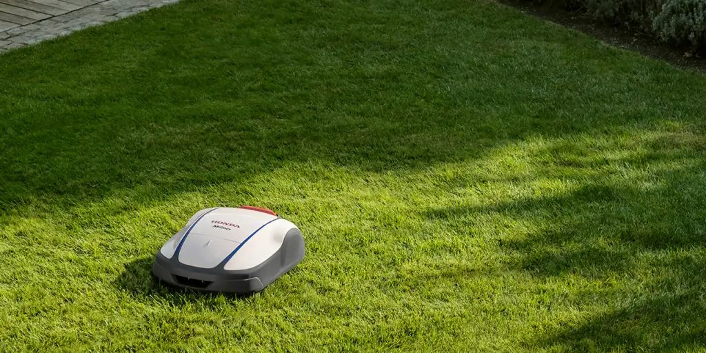 A robotic mower cutting grass in a lawn setting.