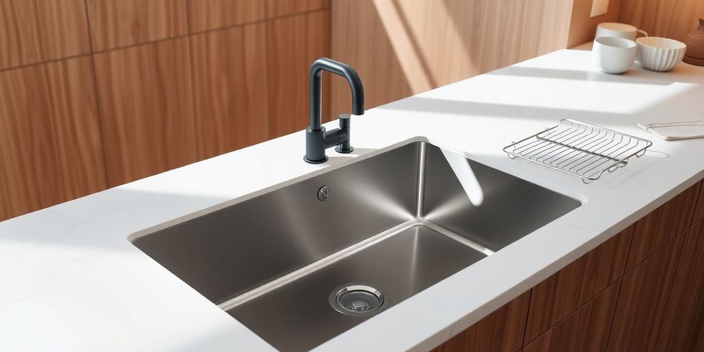 Stainless-steel undermount sink with matte black faucet on white marble
