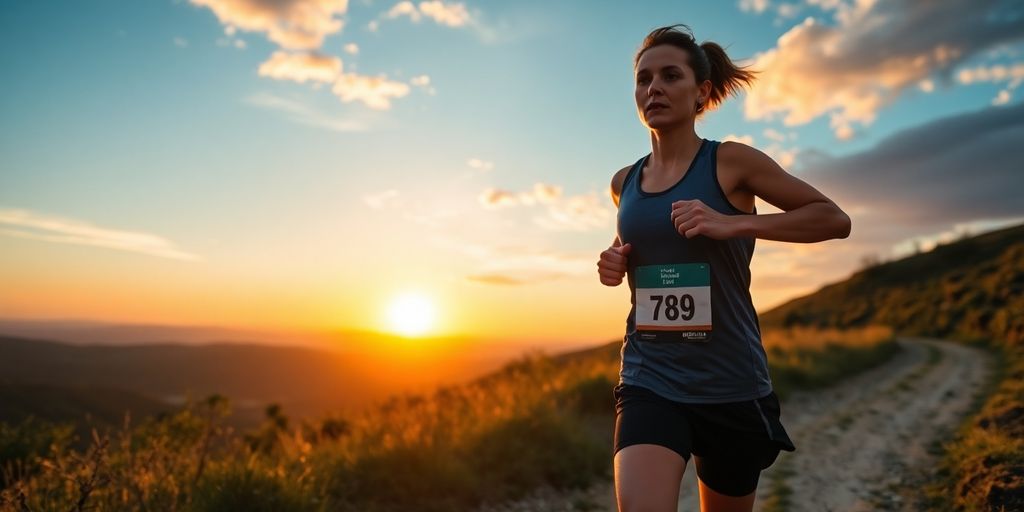 Runner training on a scenic trail at sunset.