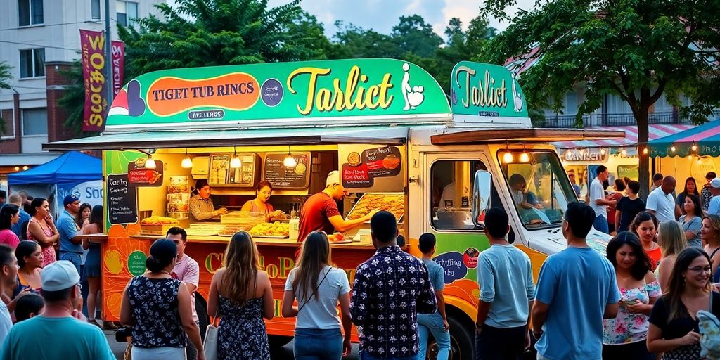 Colorful food truck with people enjoying street food.