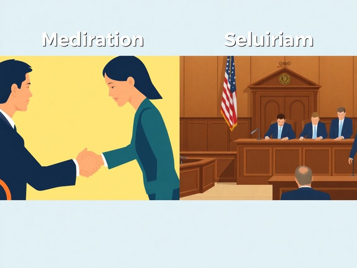 Întâlnire de mediere și sală de judecată contrastante.