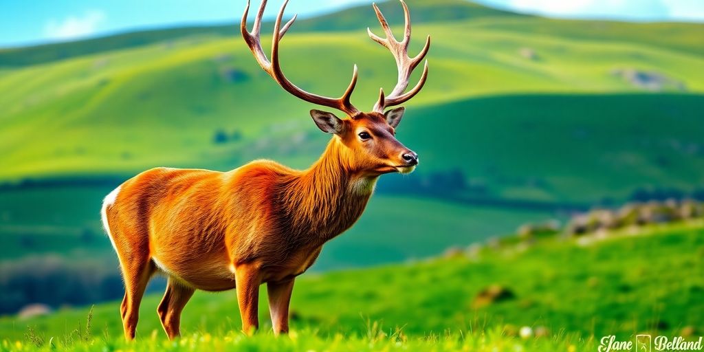 Red deer in green Irish countryside under blue sky.