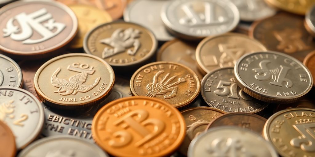 Close-up of a diverse coin collection in display case.