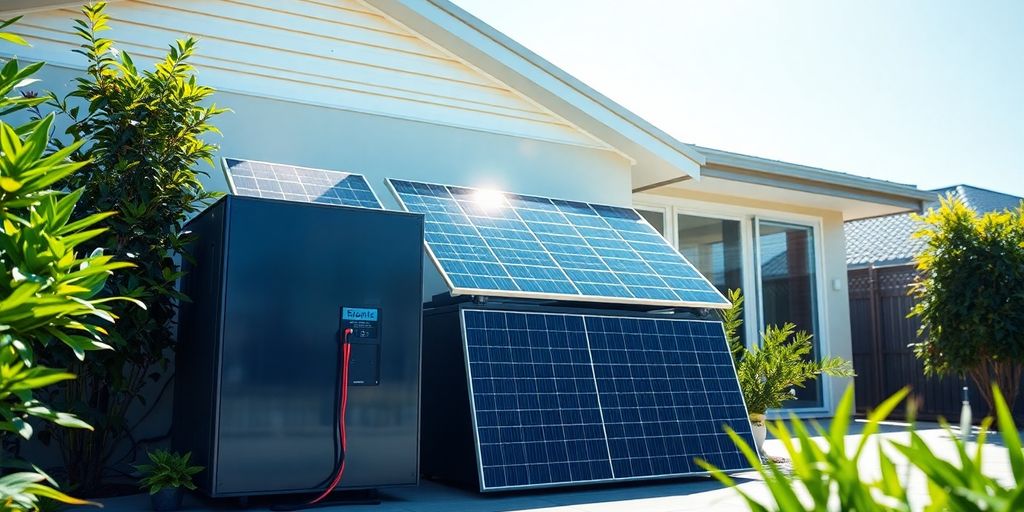 Solar batteries installed on a house with sunny skies.