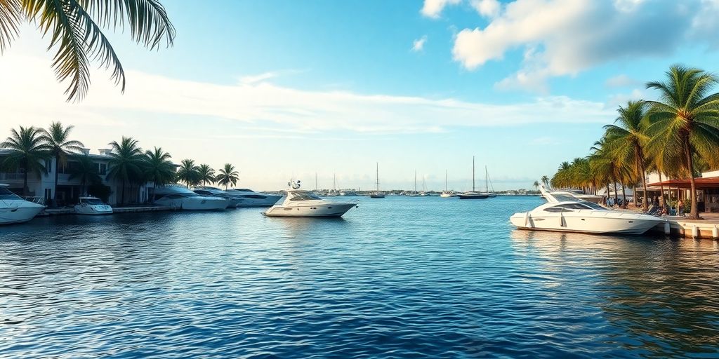Serene Miami waterfront with calm blue water and luxury boats.