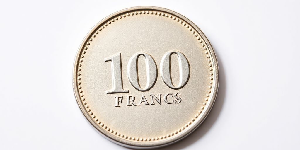 Pièce de 100 francs en argent sur fond neutre.