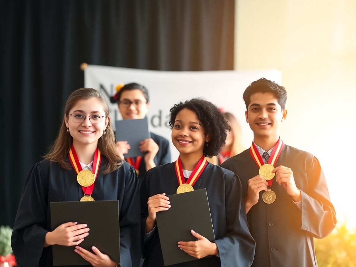 Tineri laureați Nobel cu diplome și medalii aurii.