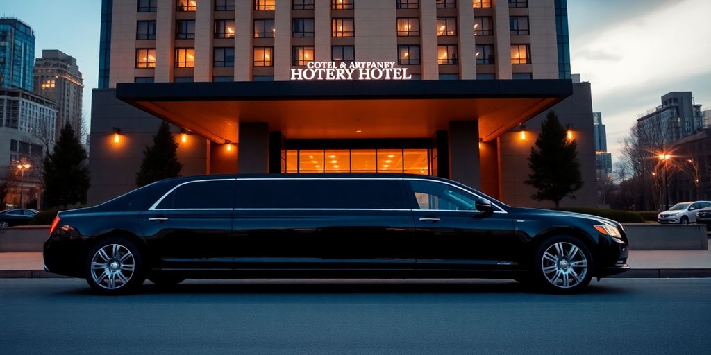Luxurious limousine in front of a high-end hotel.