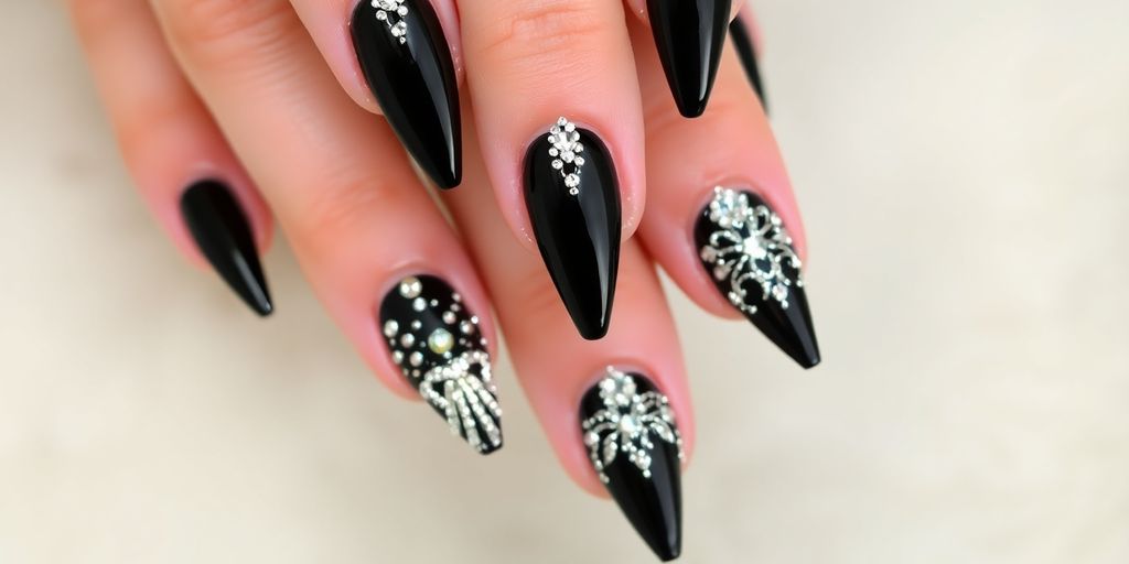 Imagem de unhas bailarina pretas decoradas e elegantes.