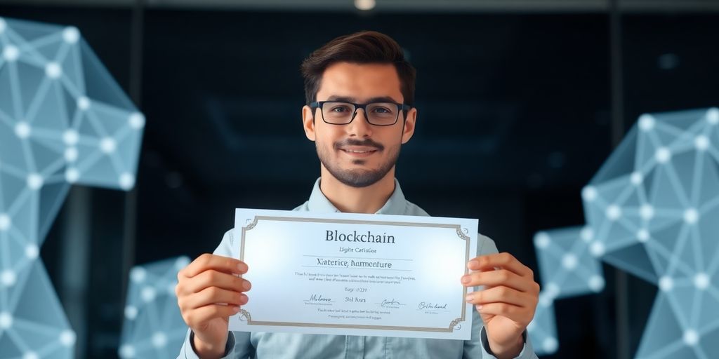 Blockchain professional holding a digital certificate.