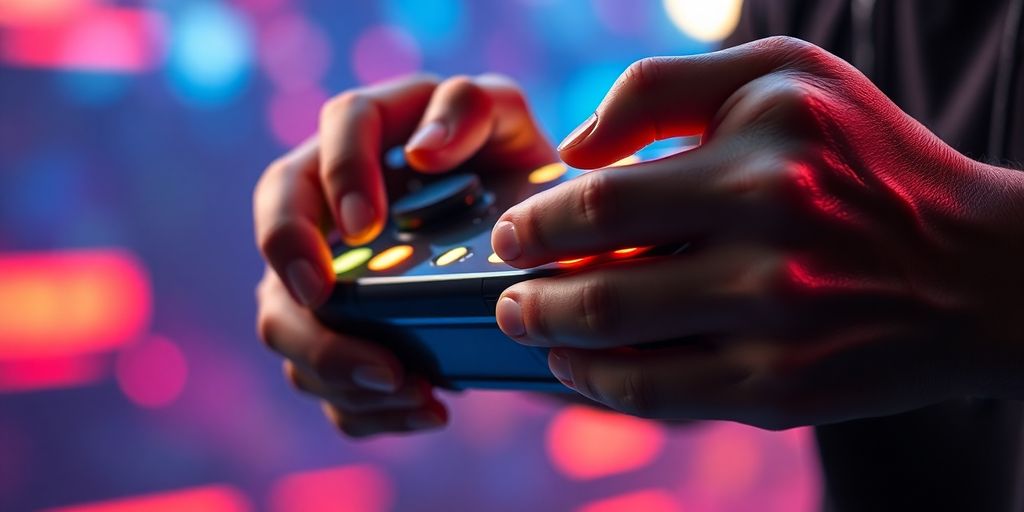 A close-up of hands holding a game controller
