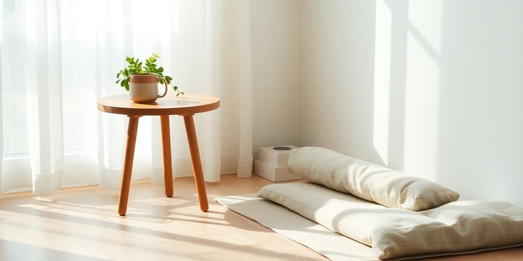 Sunlit morning corner with yoga mat, tea, plant, and pillow.