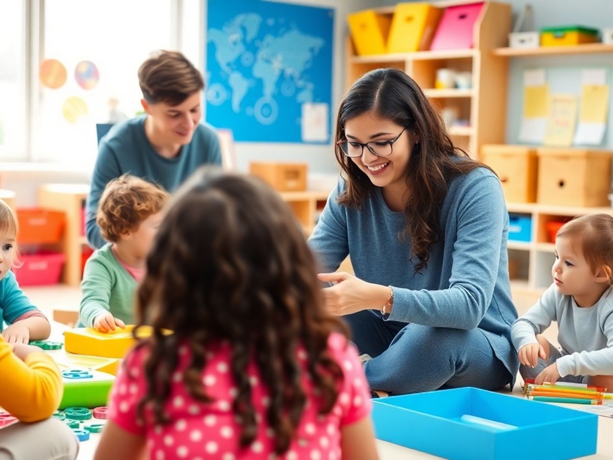 Copii învățând în clasă cu materiale educaționale colorate.