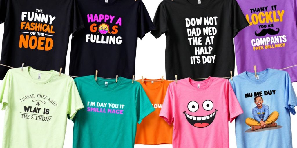 Collage of colourful funny t-shirts on a clothesline.