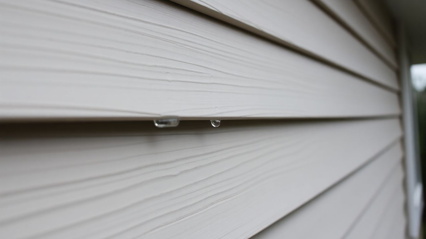 Siding texture with water droplets on a house exterior.