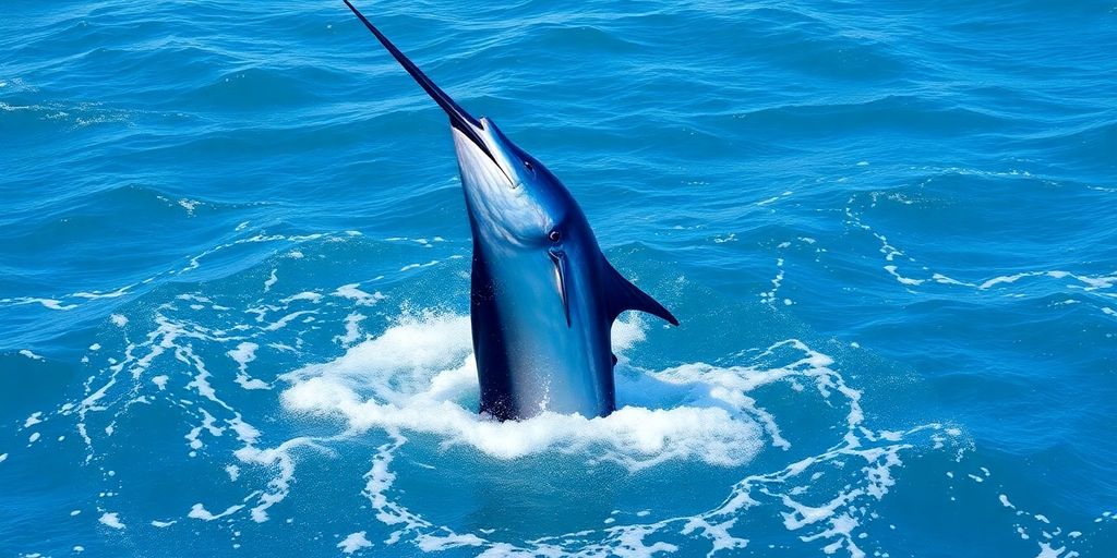 Giant marlin leaps from ocean near Cabo San Lucas.