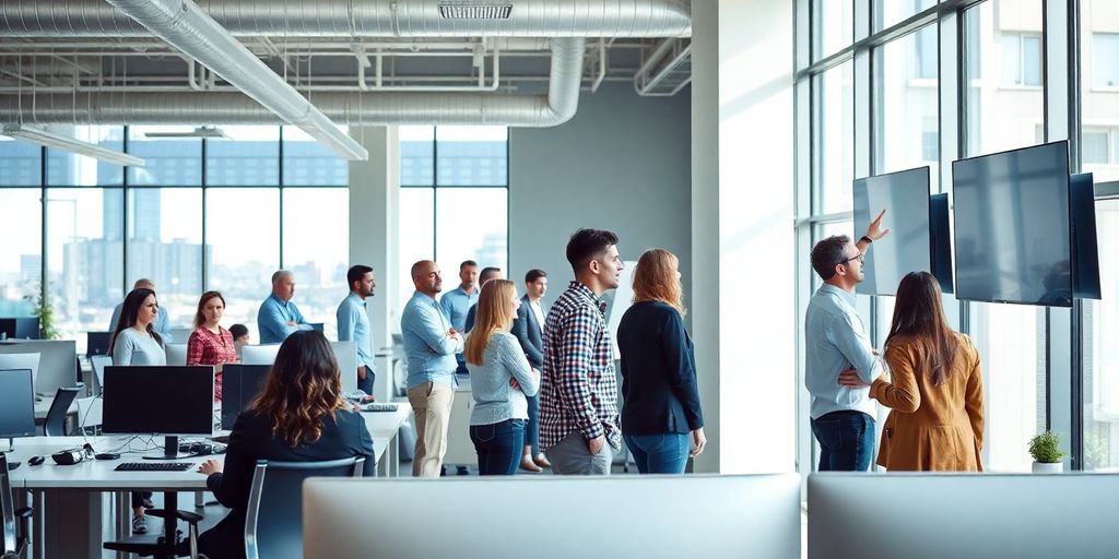 Diverse professionals collaborating in modern office.