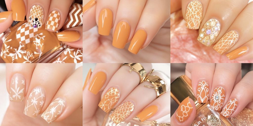 Unhas decoradas em tons de caramelo elegantes.