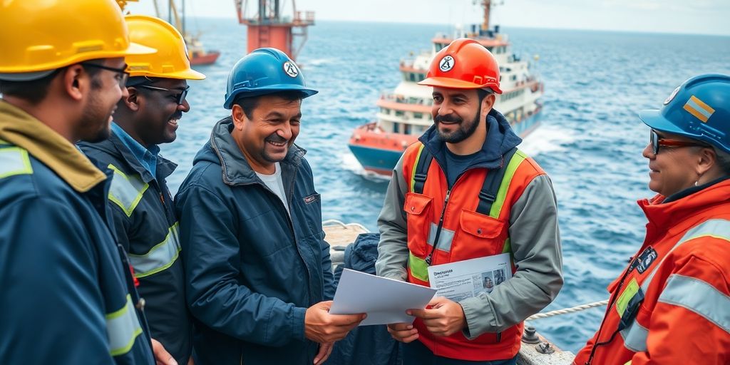 Group of workers discussing safety offshore at sea.