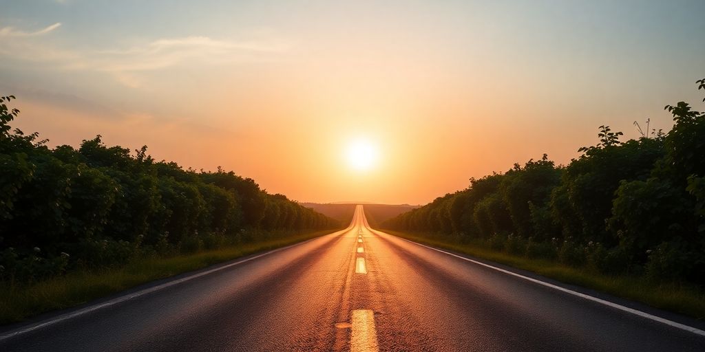 An open road with a sunrise and greenery beside it.