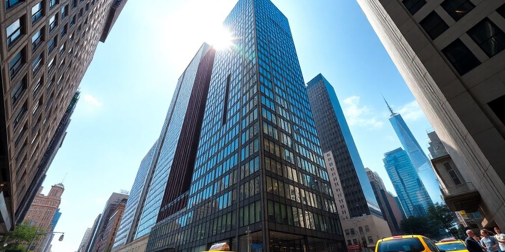 Manhattan skyline, diverse buildings, urban energy.