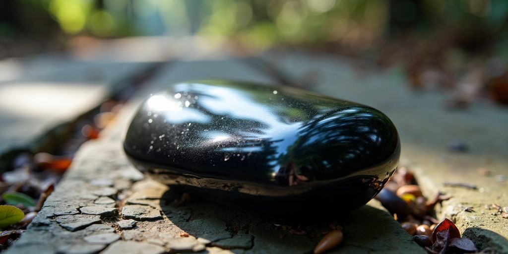 Primo piano di una pietra di ossidiana lucida