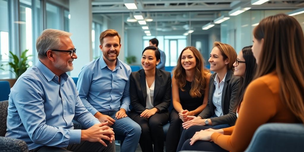 Coaching-Session in modernem Büro mit Mitarbeitern.