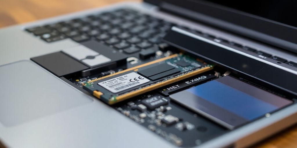 Close-up de um laptop com RAM sendo instalada.