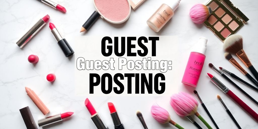 Colorful beauty products arranged on a marble background.