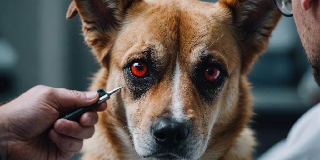 Dog with red eyes being checked by a veterinarian.