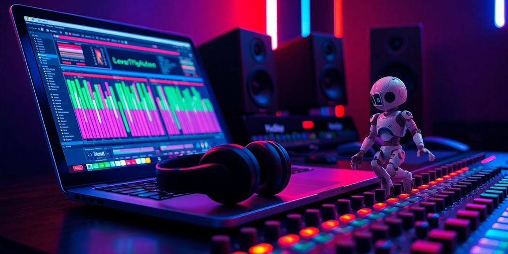 Robot assistant adjusts studio mixer in neon-lit trap beat setup.