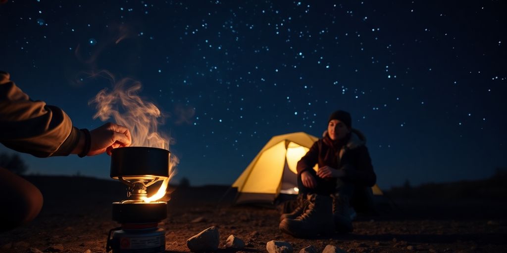 Hikers enjoying a meal under a starry night sky.