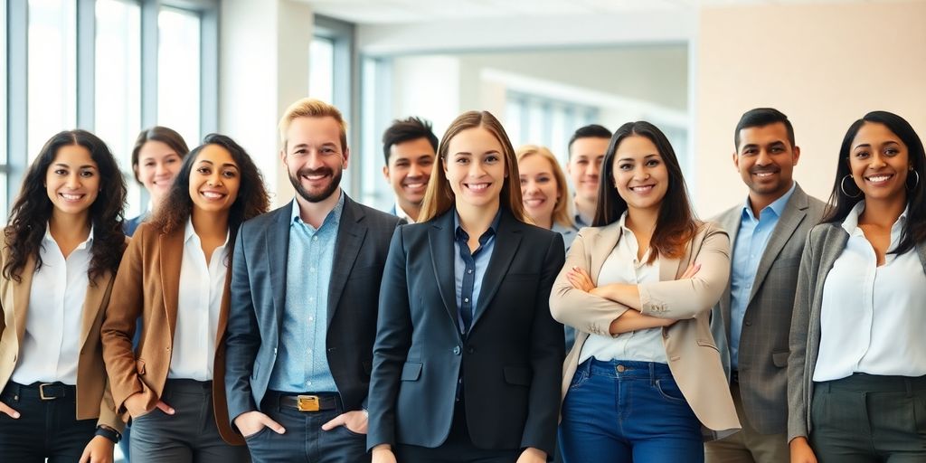 Business professionals in diverse, modern casual attire.