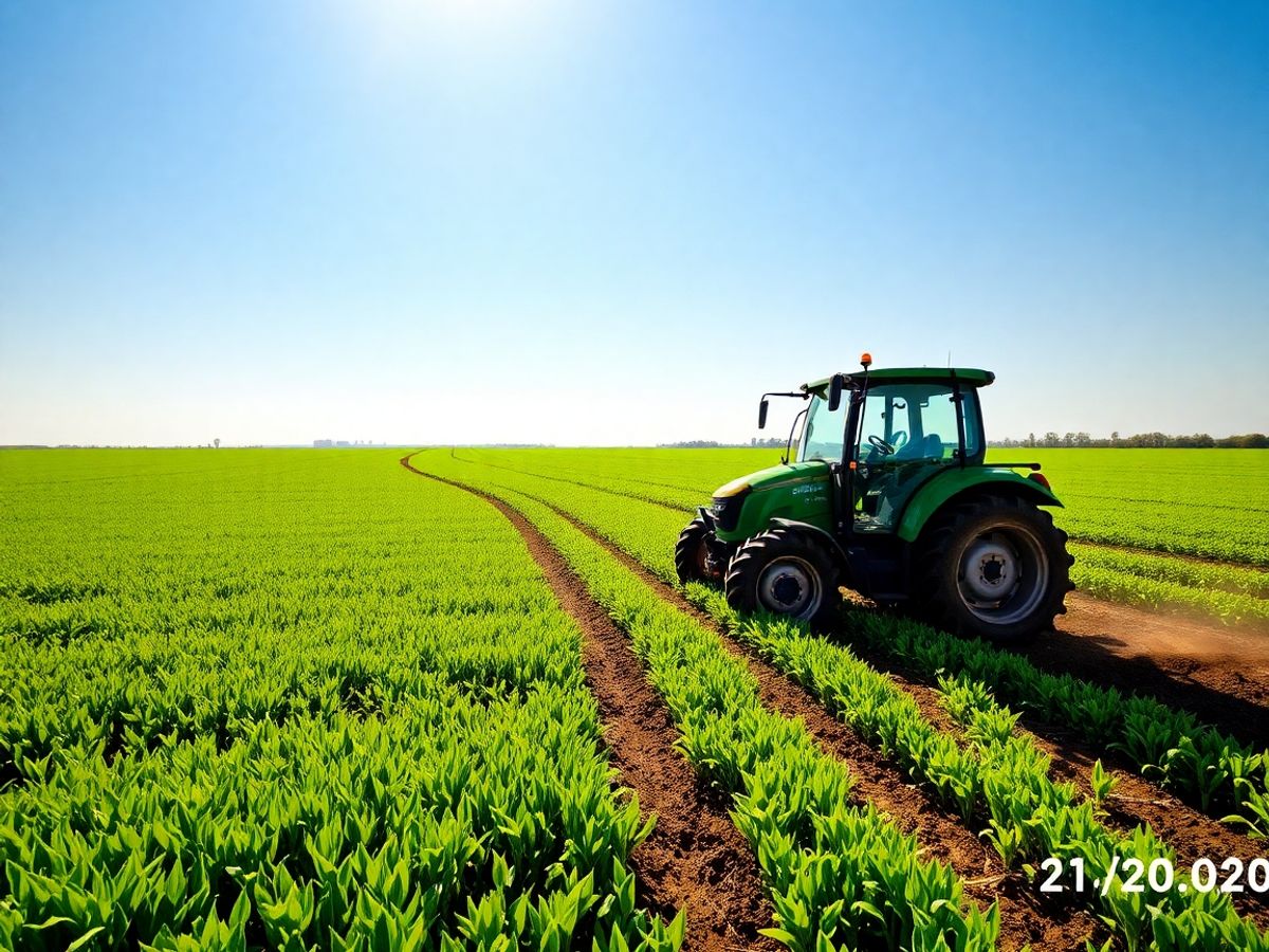 Câmpuri agricole verzi cu un tractor modern