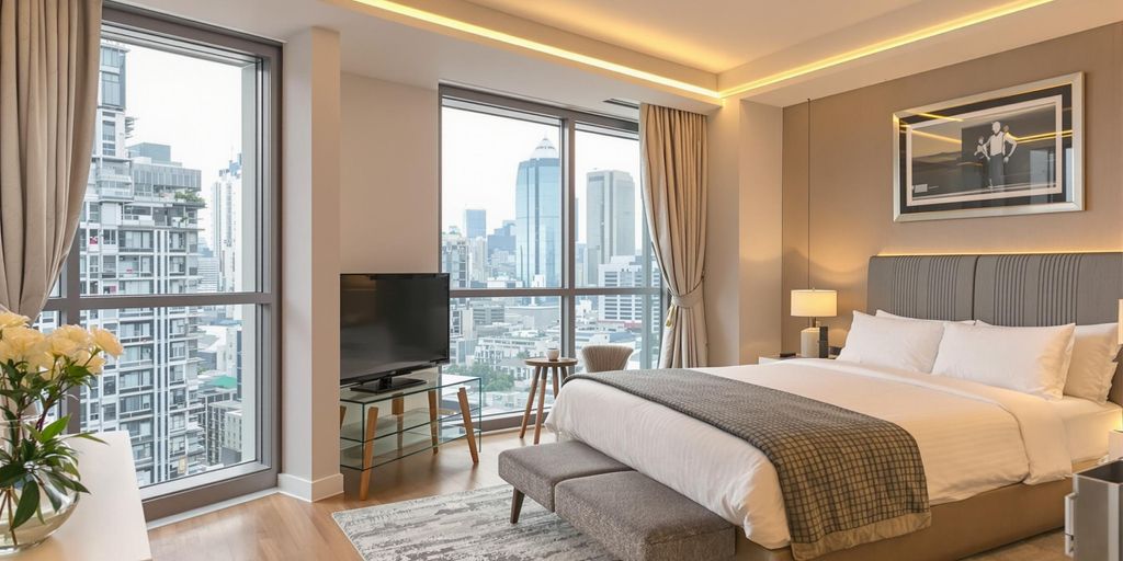 Modern serviced apartment in Wan Chai with city views.