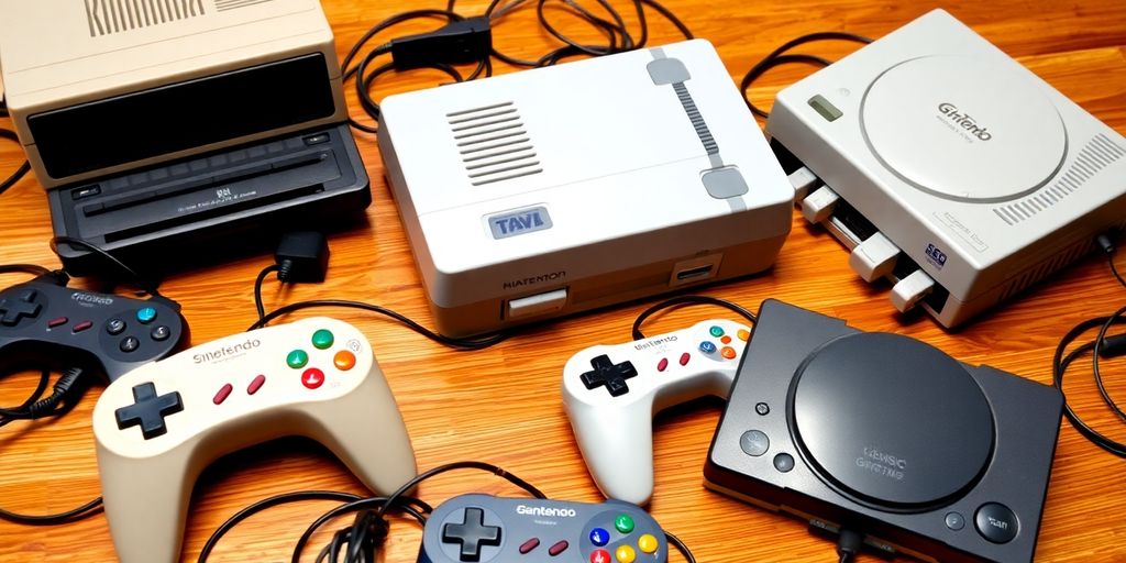 Collection colorée d’anciennes consoles de jeux vidéo avec des contrôleurs et des jeux.