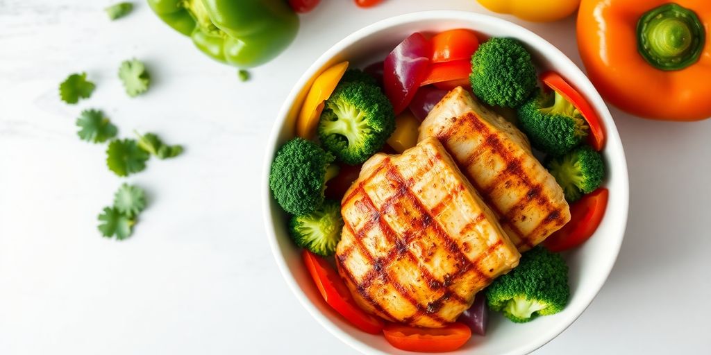 Colorful healthy bowl with roasted vegetables and chicken.