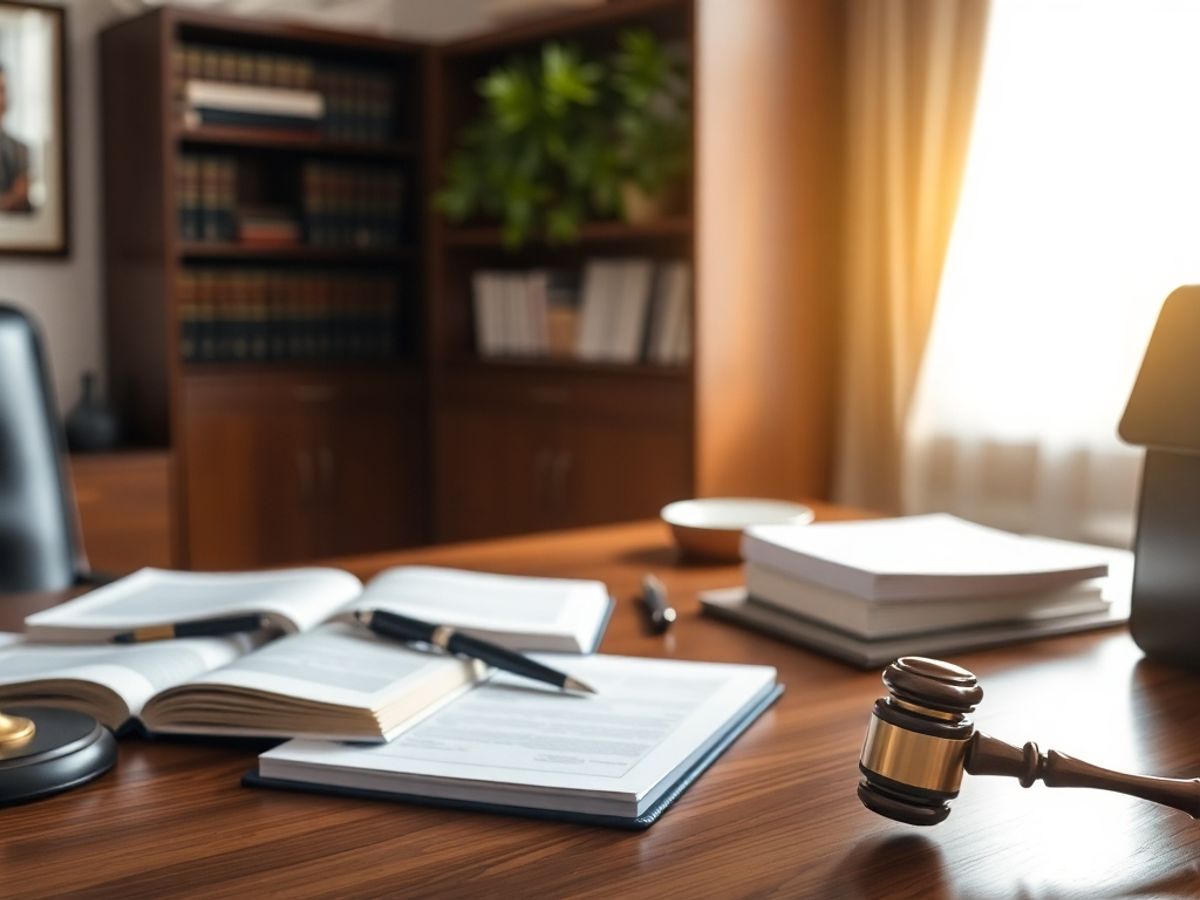 Birou de avocat cu cărți legale și servietă.