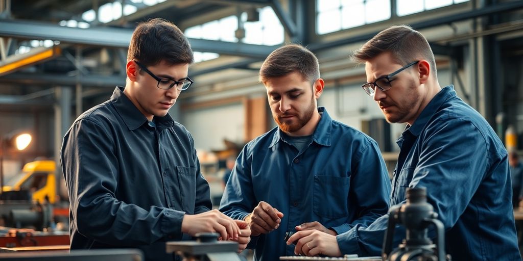 Técnicos trabalhando em uma oficina metalúrgica.