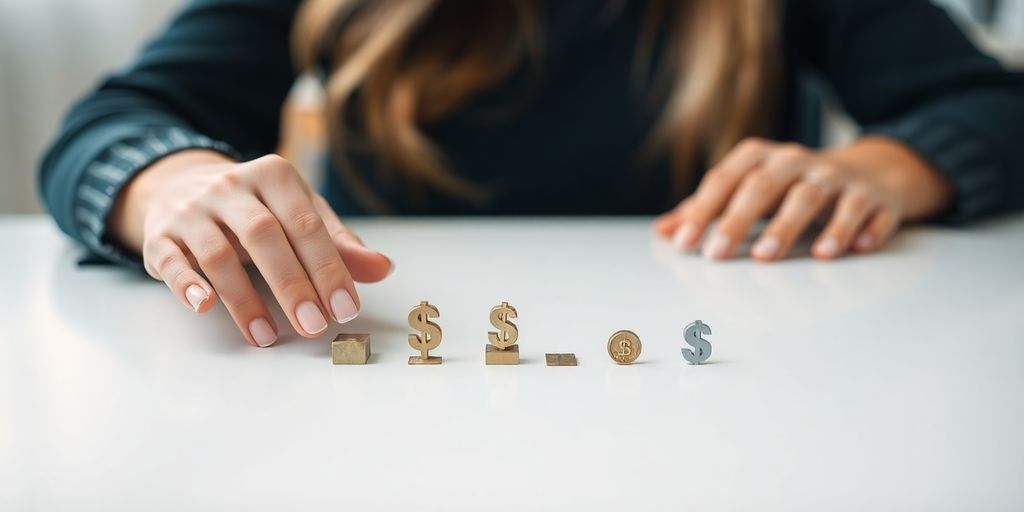 Femme comparant des symboles financiers.