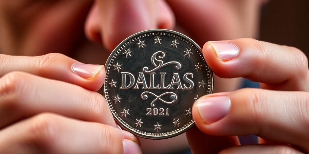 Collector examining a Dallas coin for authenticity.