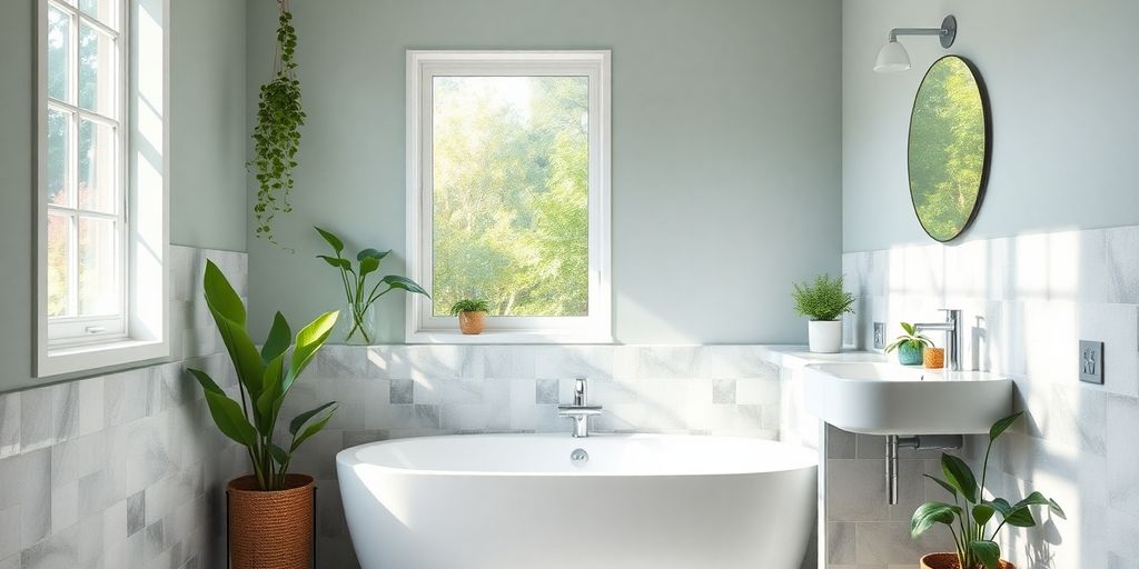 Bathroom with mold-resistant products and natural light.