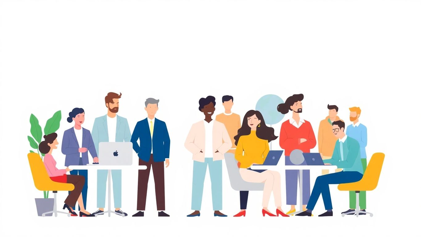 Illustrasjon av samarbeid mellom avdelinger i ulike farger.