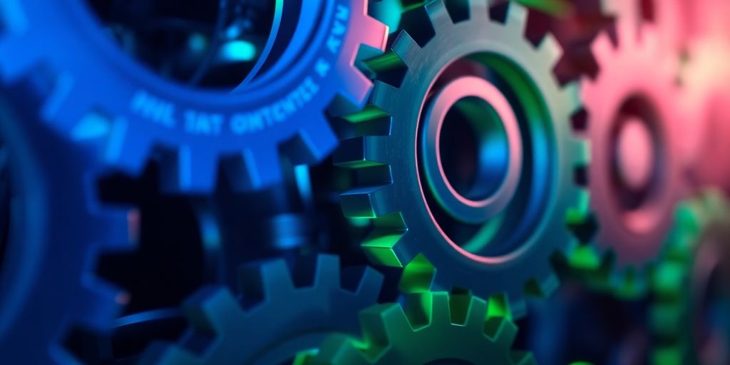 Digital gears interlocking with glowing lines.
