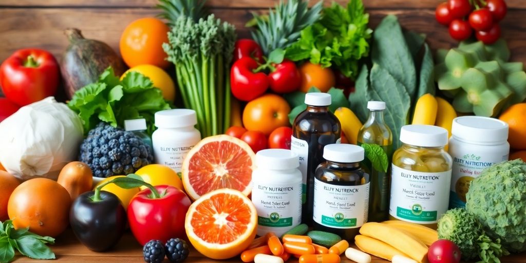 Fresh fruits, vegetables, and supplements for a healthy lifestyle.