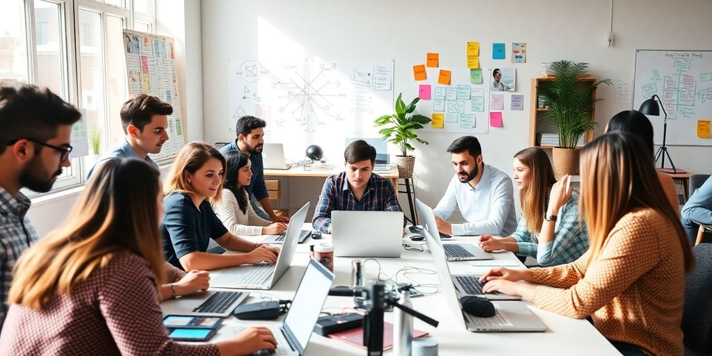 Diverse entrepreneurs collaborating in a modern tech workspace.