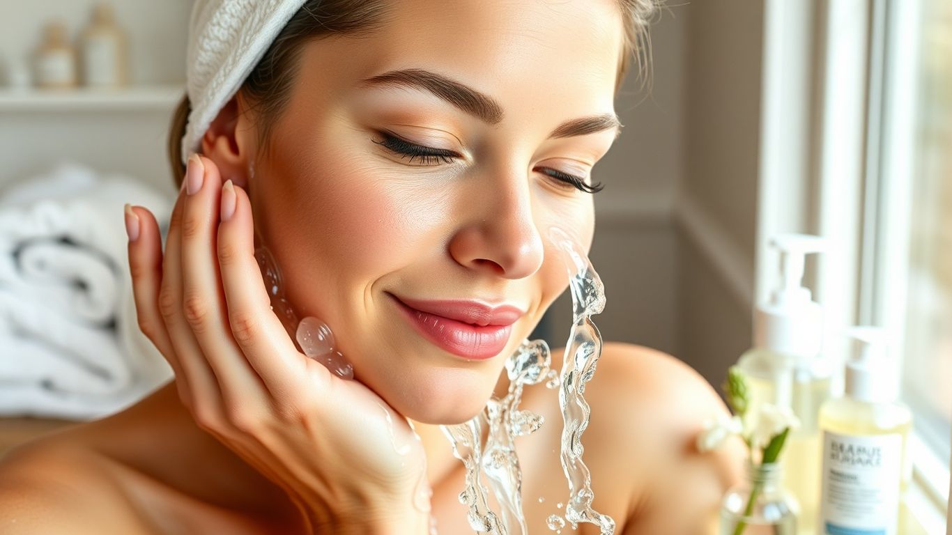 Woman gently washing face with mild cleanser.